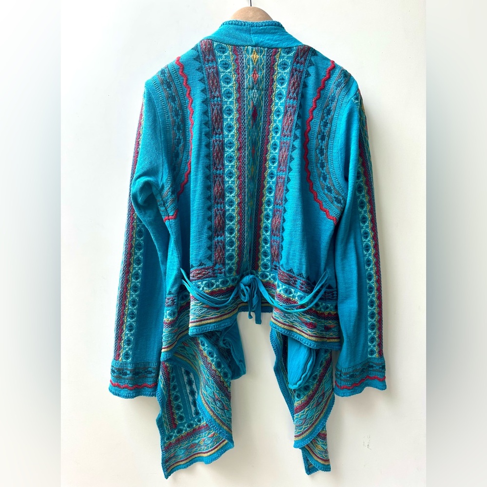 Johnny Was BIYA Embroidered Turquoise Open Front Cardigan Jacket Pockets Belt M - Picture 5 of 9